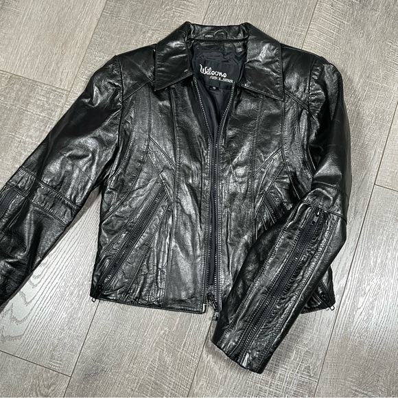 WILSON Genuine Leather Moto Jacket size 10 Black shiny - Picture 1 of 12